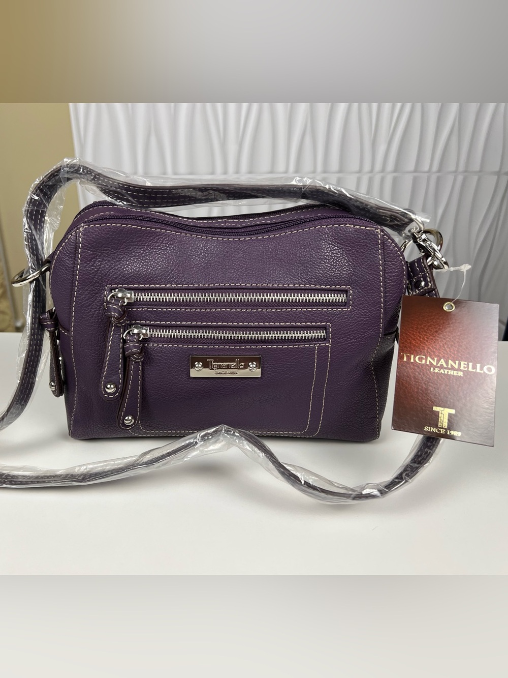 Tignanello Purple Leather Crossbody with Silver Hardware